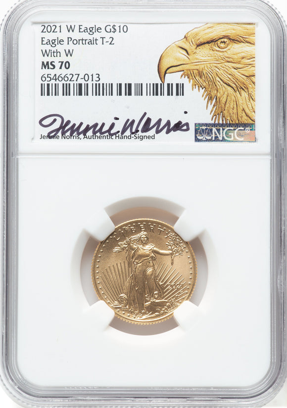 2021-W Gold Eagle 1/4 oz $10 NGC MS70 Unfinished Proof Dies Type 2 J. Norris Sig