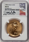 1990 $50 1 oz Gold Eagle NGC MS70 Hand-Signed by Mike Castle Lady Liberty
