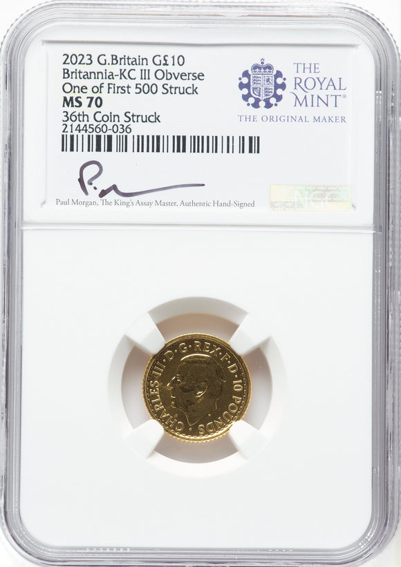 2023 £10 Gold Britannia 1/10 oz Charles III NGC MS70 One of First 500 Struck
